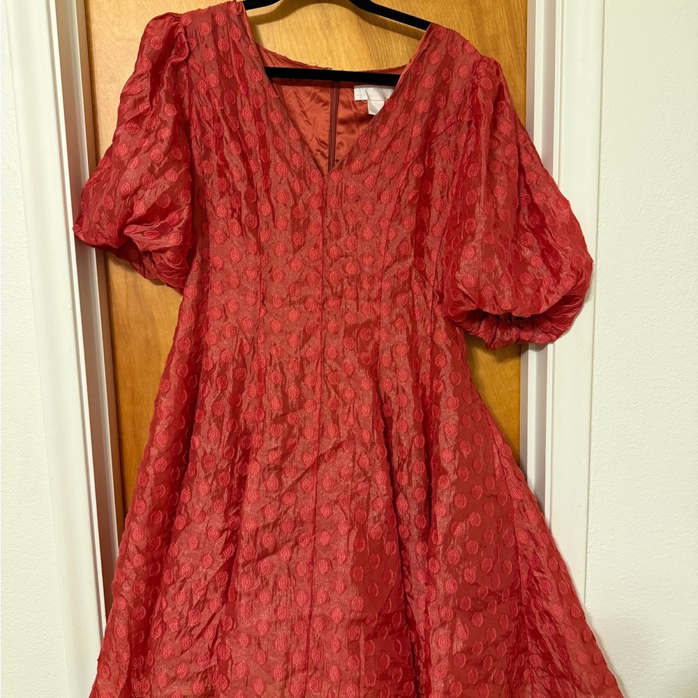 Rachel Parcel Pink Textured Puff Sleeve Dress with Pockets